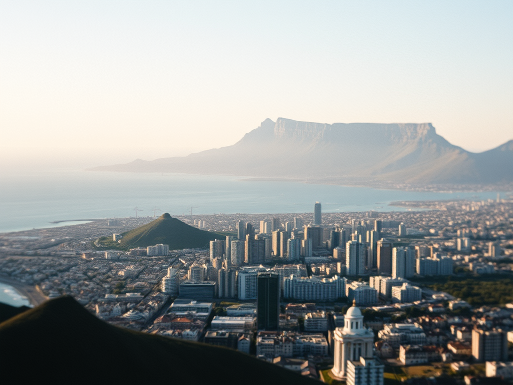 Cape Town skyline from above showing the sea, part of the city, with Table Mountain in the background